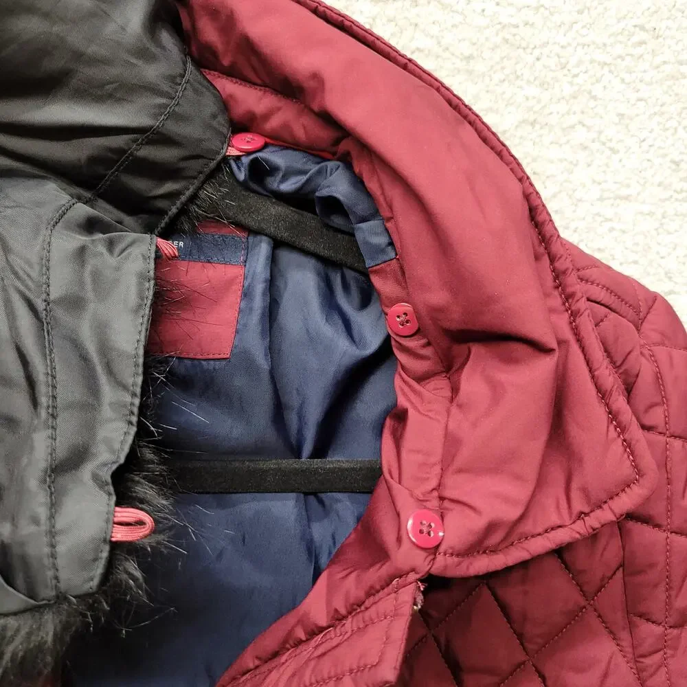 Tommy Hilfiger Womens Quilted Puffer Jacket Faux Fur Hood Burgundy Size S